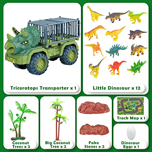 Dinosaur Transport Truck Playset, Large Size Triceratops Vehicle Carrier Car Toys for 3 4 5 6 7 8 9 10 Years Old Boys Girls Kids Gifts, Monster Truck with 12 Dino Figures & Play Mat from Niwoed