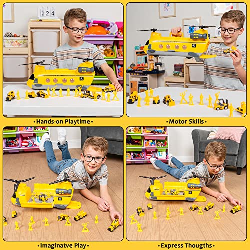JOYIN Construction Transport Cargo Toy Airplane Car Play Set Including 1 Transport Helicopter with Real Lights, 6 Diecast Vehicles, 12 Action Figures, Birthday Gift for Boys and Girls (Yellow) from Joyin. Inc