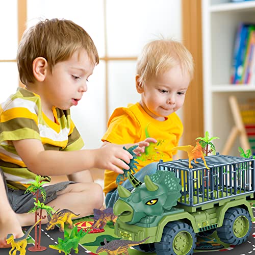 Dinosaur Transport Truck Playset, Large Size Triceratops Vehicle Carrier Car Toys for 3 4 5 6 7 8 9 10 Years Old Boys Girls Kids Gifts, Monster Truck with 12 Dino Figures & Play Mat from Niwoed