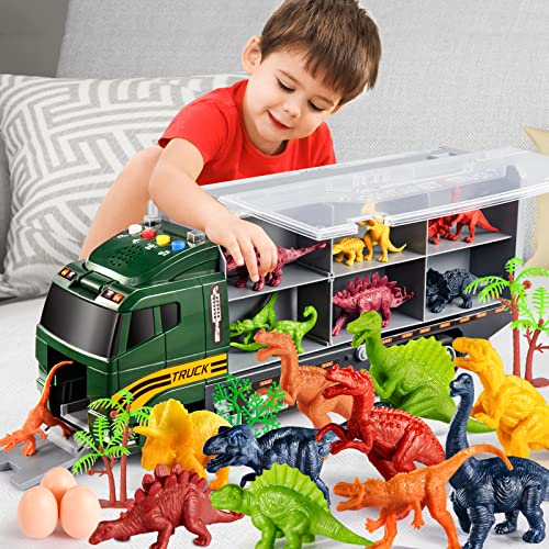 39 in 1 Dinosaur Toys for Kids 3-5, Toddler Toys Transport Vehicle Carrier Truck with Lights, Music and Sounds, Dino Car Set w/ Dinosaur Eggs & Activity Play Mat, Gift for Boys Age 4 6 7 8 9 Year Old from TEMI
