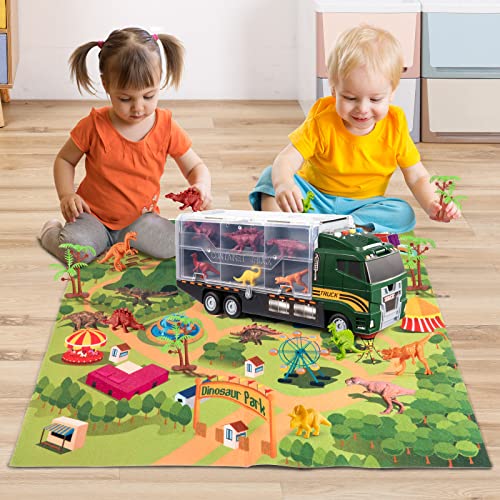 39 in 1 Dinosaur Toys for Kids 3-5, Toddler Toys Transport Vehicle Carrier Truck with Lights, Music and Sounds, Dino Car Set w/ Dinosaur Eggs & Activity Play Mat, Gift for Boys Age 4 6 7 8 9 Year Old from TEMI