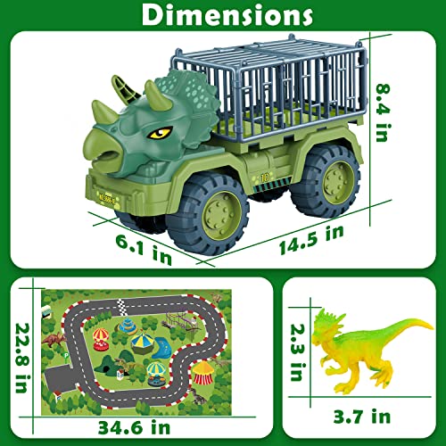 Dinosaur Transport Truck Playset, Large Size Triceratops Vehicle Carrier Car Toys for 3 4 5 6 7 8 9 10 Years Old Boys Girls Kids Gifts, Monster Truck with 12 Dino Figures & Play Mat from Niwoed