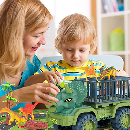Dinosaur Transport Truck Playset, Large Size Triceratops Vehicle Carrier Car Toys for 3 4 5 6 7 8 9 10 Years Old Boys Girls Kids Gifts, Monster Truck with 12 Dino Figures & Play Mat from Niwoed