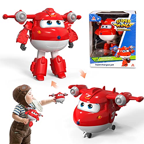 Super Wings 5" Transforming Supercharged Jett Airplane Toys, Action Figure, Airplane to Robot, Season 4 Transformer Toys, Gifts for 3+ Year Old Kids, Toys Plane Vehicle for Preschool Kids Play from Auldey
