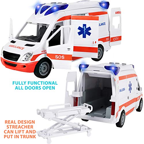 Kiddie Play Ambulance Toy with Lights and Sound Friction Powered Emergency & Rescue Vehicle Set Doors That Open and a Stretcher from Kiddie Play