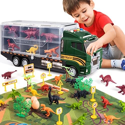 39 in 1 Dinosaur Toys for Kids 3-5, Toddler Toys Transport Vehicle Carrier Truck with Lights, Music and Sounds, Dino Car Set w/ Dinosaur Eggs & Activity Play Mat, Gift for Boys Age 4 6 7 8 9 Year Old from TEMI