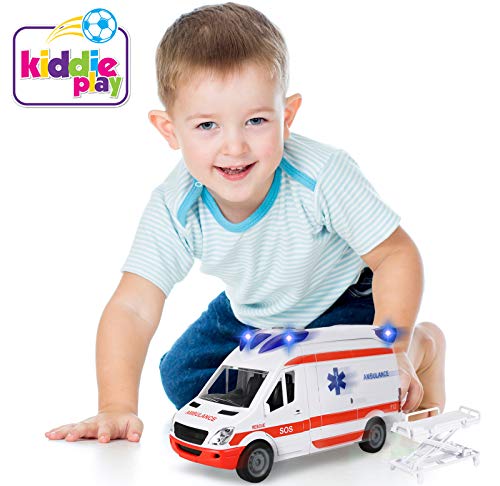 Kiddie Play Ambulance Toy with Lights and Sound Friction Powered Emergency & Rescue Vehicle Set Doors That Open and a Stretcher from Kiddie Play