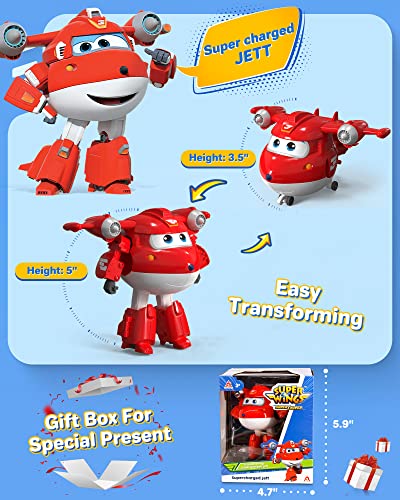 Super Wings 5" Transforming Supercharged Jett Airplane Toys, Action Figure, Airplane to Robot, Season 4 Transformer Toys, Gifts for 3+ Year Old Kids, Toys Plane Vehicle for Preschool Kids Play from Auldey