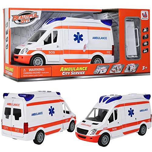 Kiddie Play Ambulance Toy with Lights and Sound Friction Powered Emergency & Rescue Vehicle Set Doors That Open and a Stretcher from Kiddie Play