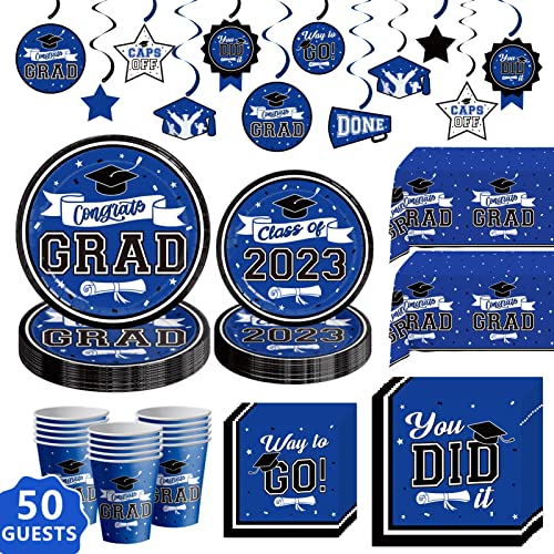 DAZONGE Blue Graduation Decorations Class of 2023, Graduation Party Supplies for 50 Guests, Disposable Graduation Tableware Kit Includes Plates, Napkins, Cups, Tablecloth and Graduation Hanging Swirls Party Favor from Dazonge