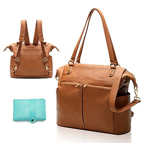 Diaper Bag Tote Mominside Leather Diaper Bag Backpack with 14 Pockets for Mom Dad, Baby Registry Search, Large Travel Baby Bag for Boys Girls with 4 Insulated Pockets, Changing Pad-Brown by Guanfang
