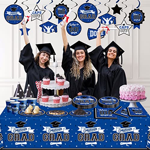 DAZONGE Blue Graduation Decorations Class of 2023, Graduation Party Supplies for 50 Guests, Disposable Graduation Tableware Kit Includes Plates, Napkins, Cups, Tablecloth and Graduation Hanging Swirls Party Favor from Dazonge