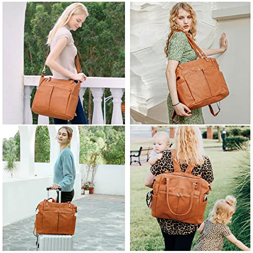 Diaper Bag Tote Mominside Leather Diaper Bag Backpack with 14 Pockets for Mom Dad, Baby Registry Search, Large Travel Baby Bag for Boys Girls with 4 Insulated Pockets, Changing Pad-Brown by Guanfang
