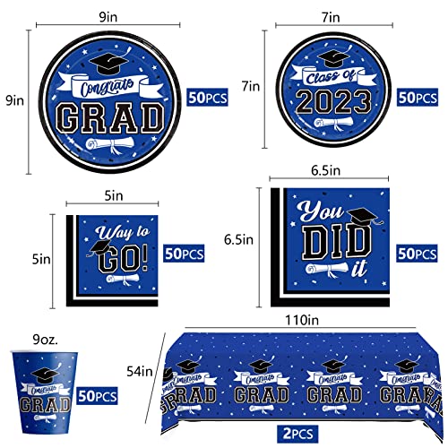 DAZONGE Blue Graduation Decorations Class of 2023, Graduation Party Supplies for 50 Guests, Disposable Graduation Tableware Kit Includes Plates, Napkins, Cups, Tablecloth and Graduation Hanging Swirls Party Favor from Dazonge