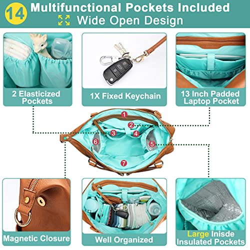 Diaper Bag Tote Mominside Leather Diaper Bag Backpack with 14 Pockets for Mom Dad, Baby Registry Search, Large Travel Baby Bag for Boys Girls with 4 Insulated Pockets, Changing Pad-Brown by Guanfang