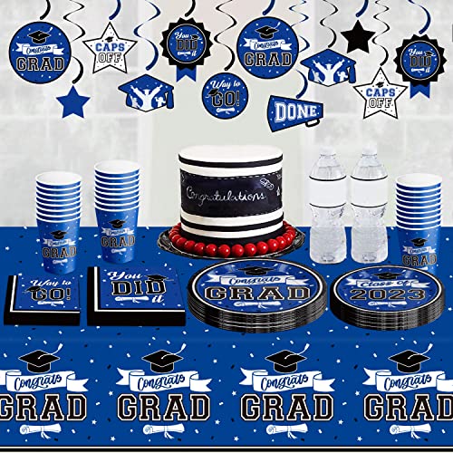 DAZONGE Blue Graduation Decorations Class of 2023, Graduation Party Supplies for 50 Guests, Disposable Graduation Tableware Kit Includes Plates, Napkins, Cups, Tablecloth and Graduation Hanging Swirls Party Favor from Dazonge