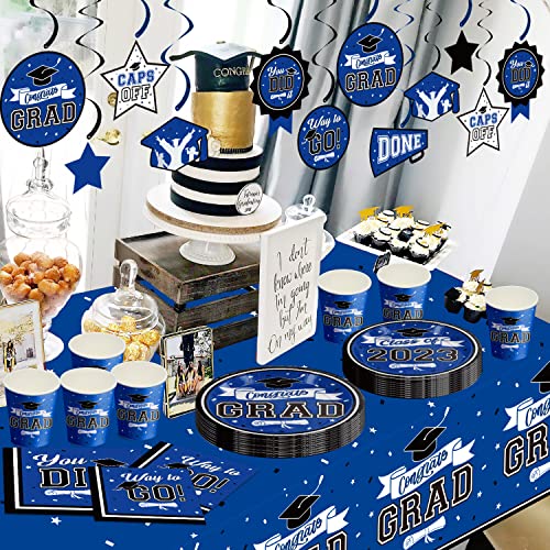 DAZONGE Blue Graduation Decorations Class of 2023, Graduation Party Supplies for 50 Guests, Disposable Graduation Tableware Kit Includes Plates, Napkins, Cups, Tablecloth and Graduation Hanging Swirls Party Favor from Dazonge