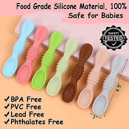 Baby Spoons Self Feeding 6 Months - 7 Pack Silicone First Stage Infant Training Spoons, Baby Led Weaning Untensils for Toddlers, BPA-Free Rainbow Chewable Teething Spoons for Kids - Dishwasher Safe from Tameler