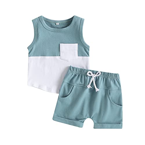 Kaipiclos Baby Boy Clothes Summer Outfit Shorts Set Color Block Sleeveless Tank Top Shirt and Solid Boys Shorts (Blue, 0-3 Months) from Kaipiclos