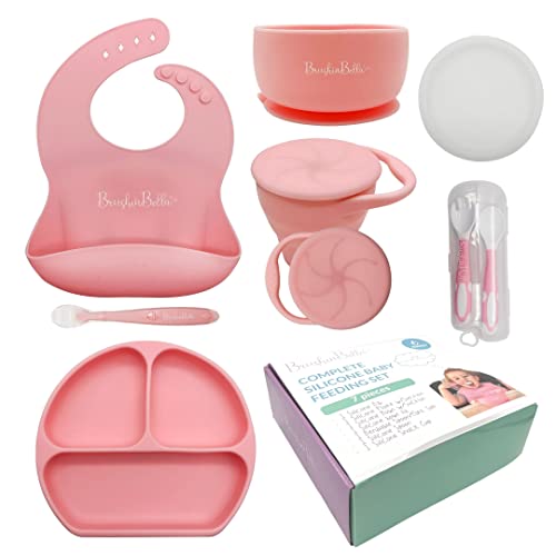 BrushinBella Baby Feeding Supplies - Complete Baby Feeding Set with Baby Plate, Baby Spoons First Stage, Silicone Bib and Snack Cup - Infant Eating Utensils and Baby Bowl with Suction from BrushinBella