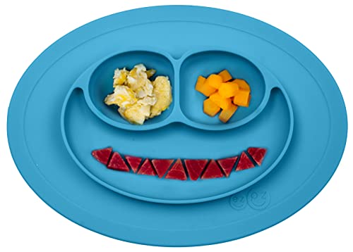 ezpz Mini Mat (Blue) - 100% Silicone Suction Plate with Built-in Placemat for Infants + Toddlers - First Foods + Self-Feeding - Comes with a Reusable Travel Bag by ezpz
