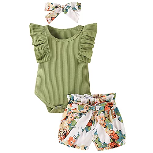 Baby Girl Clothes Infant Summer Outfit Set Ruffle Sleeve Romper Floral Pants 3PCS Bodysuit +Shorts +Headband(Green, 12-18 Months) by
