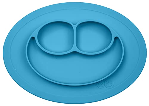 ezpz Mini Mat (Blue) - 100% Silicone Suction Plate with Built-in Placemat for Infants + Toddlers - First Foods + Self-Feeding - Comes with a Reusable Travel Bag by ezpz