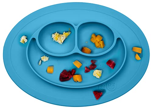 ezpz Mini Mat (Blue) - 100% Silicone Suction Plate with Built-in Placemat for Infants + Toddlers - First Foods + Self-Feeding - Comes with a Reusable Travel Bag by ezpz