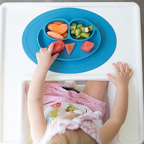 ezpz Mini Mat (Blue) - 100% Silicone Suction Plate with Built-in Placemat for Infants + Toddlers - First Foods + Self-Feeding - Comes with a Reusable Travel Bag by ezpz
