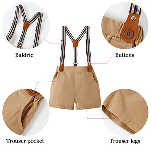 DISAUR Baby Boy Clothes Suits, Toddler Boy Short Sleeves Shirt+ Suspender Pants Outfit Sets Gentleman Wedding Suit 1-5 Years(Beige,3-4Years) from 