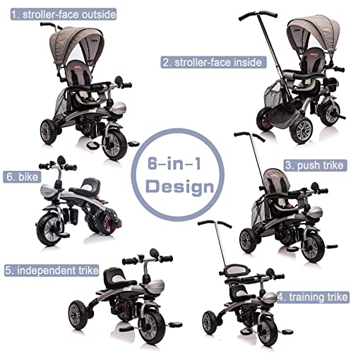 NITOESS Baby Tricycle 6 in 1,Toddler Trike,Kid W/Adjustable Push Handle,Children Tricycle W/Reversible Seat,Safety Harness,Brakes,All-Terrain EVA Free Wheel,Gray from Nitoess