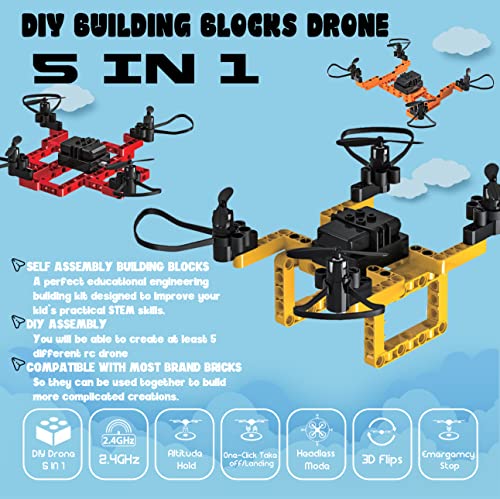Mini Drone with Creative DIY Building Blocks for Kids Beginners and Adults, 5-in-1 toy for Educational STEM Science Experiment, Family Activity, Birthday Gift Christmas, Small RC Drone Quadcopter with Altitude Hold,3D Flip, Headless Mode,Stress Relief Toy