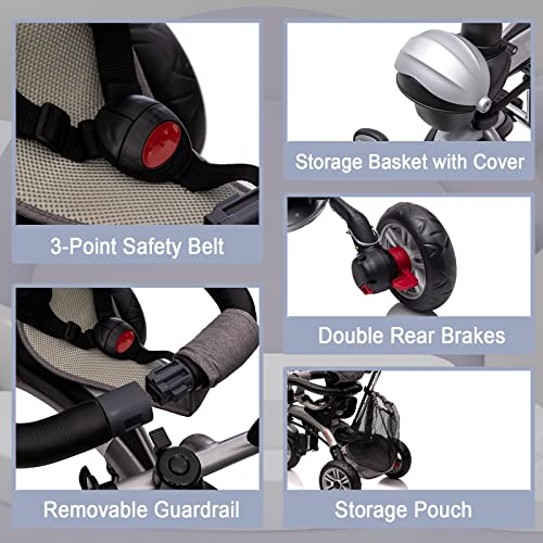 NITOESS Baby Tricycle 6 in 1,Toddler Trike,Kid W/Adjustable Push Handle,Children Tricycle W/Reversible Seat,Safety Harness,Brakes,All-Terrain EVA Free Wheel,Gray from Nitoess