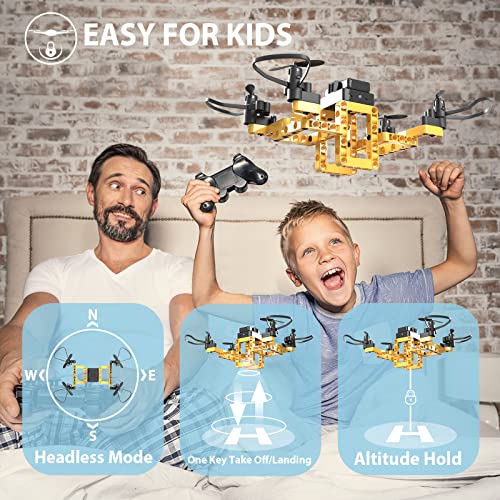 Mini Drone with Creative DIY Building Blocks for Kids Beginners and Adults, 5-in-1 toy for Educational STEM Science Experiment, Family Activity, Birthday Gift Christmas, Small RC Drone Quadcopter with Altitude Hold,3D Flip, Headless Mode,Stress Relief Toy