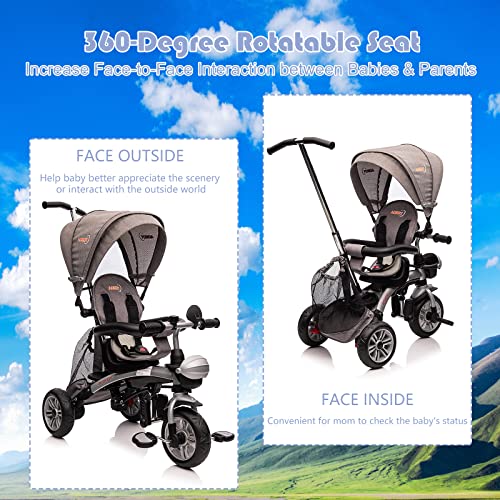 NITOESS Baby Tricycle 6 in 1,Toddler Trike,Kid W/Adjustable Push Handle,Children Tricycle W/Reversible Seat,Safety Harness,Brakes,All-Terrain EVA Free Wheel,Gray from Nitoess