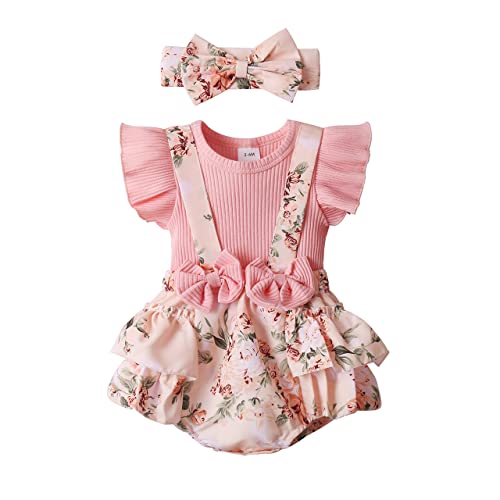 Newborn Baby Girl Clothes Summer Infant Romper Outfit Short Sleeve Suspender Ribbed Shorts Onesie with Headband 0-3 Months by MBMSHEGH