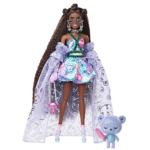 Barbie Extra Fancy Fashion Doll & Accessories Dressed in a Teddy-Print Gown with Sheer Train, Plus Teddy Bear Pet by Mattel