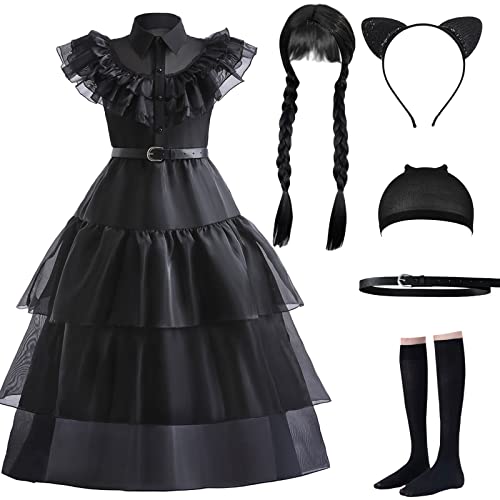 VORLITS Wednesday Addams Costume Dress For Girls Dress Up Fancy Halloween Cosplay Outfit Christmas Party With Wigs Belt from 