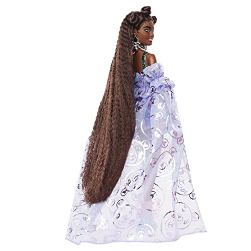 Barbie Extra Fancy Fashion Doll & Accessories Dressed in a Teddy-Print Gown with Sheer Train, Plus Teddy Bear Pet by Mattel