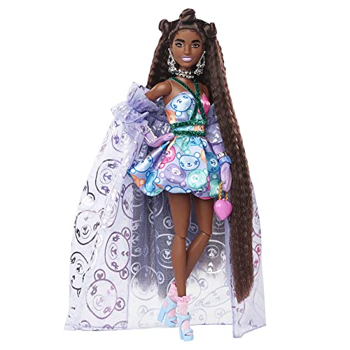 Barbie Extra Fancy Fashion Doll & Accessories Dressed in a Teddy-Print Gown with Sheer Train, Plus Teddy Bear Pet by Mattel