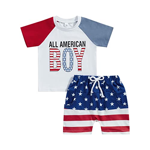 Lucikamy Baby Boy 4th of July Outfit Short Sleeve Letter Print T-Shirt + American Flag Shorts Set Fourth of July USA Clothes (B-White, 18-24 Months) by Lucikamy