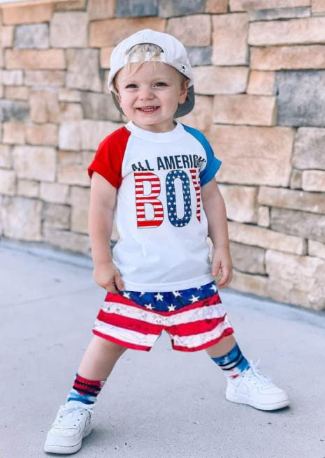 Lucikamy Baby Boy 4th of July Outfit Short Sleeve Letter Print T-Shirt + American Flag Shorts Set Fourth of July USA Clothes (B-White, 18-24 Months) by Lucikamy