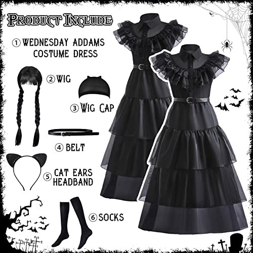 VORLITS Wednesday Addams Costume Dress For Girls Dress Up Fancy Halloween Cosplay Outfit Christmas Party With Wigs Belt from 