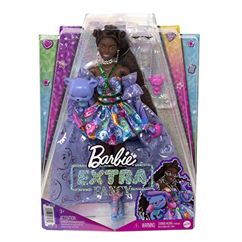 Barbie Extra Fancy Fashion Doll & Accessories Dressed in a Teddy-Print Gown with Sheer Train, Plus Teddy Bear Pet by Mattel