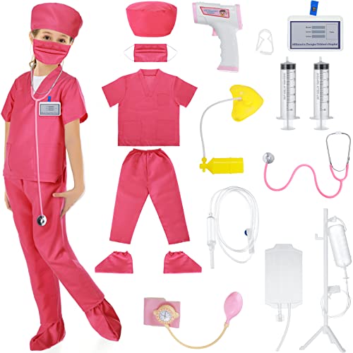 15 Pieces Doctor Costume Kit for Kids Pink Scrubs Role Play Costume Doctor Dentist Toys Kit for Boys Girls Above Age 6 Nurse Day Halloween Christmas Cosplay Accessories from Retisee