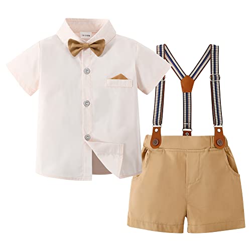 DISAUR Baby Boy Clothes Suits, Toddler Boy Short Sleeves Shirt+ Suspender Pants Outfit Sets Gentleman Wedding Suit 1-5 Years(Beige,2-3Years) by 