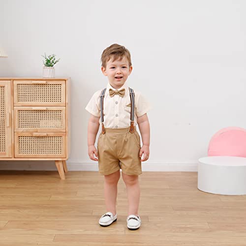 DISAUR Baby Boy Clothes Suits, Toddler Boy Short Sleeves Shirt+ Suspender Pants Outfit Sets Gentleman Wedding Suit 1-5 Years(Beige,2-3Years) by 