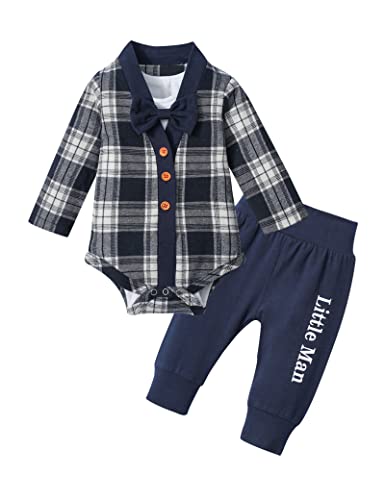 Baby Boy Clothes Long Sleeve Blue and White Plaid Button Romper Short Sleeve Gentleman Bodysuit Little Man Pants Baby Boy Clothes 3-6 Months Fall Winter Outfit Set by 