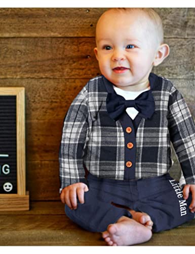 Baby Boy Clothes Long Sleeve Blue and White Plaid Button Romper Short Sleeve Gentleman Bodysuit Little Man Pants Baby Boy Clothes 3-6 Months Fall Winter Outfit Set by 