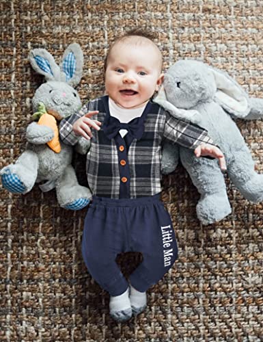 Baby Boy Clothes Long Sleeve Blue and White Plaid Button Romper Short Sleeve Gentleman Bodysuit Little Man Pants Baby Boy Clothes 3-6 Months Fall Winter Outfit Set by 
